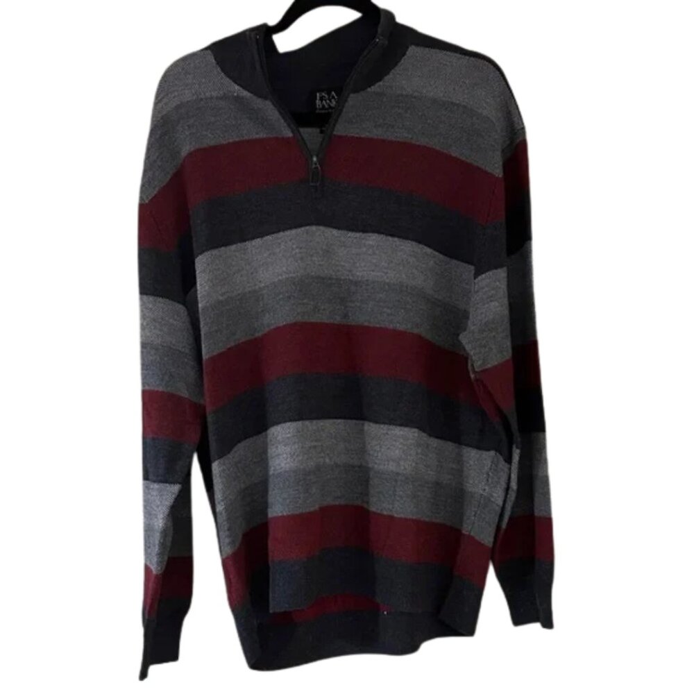 Jos. A. Bank Men's Quarter-Zip Wool Sweater in Gray and Red Stripes
